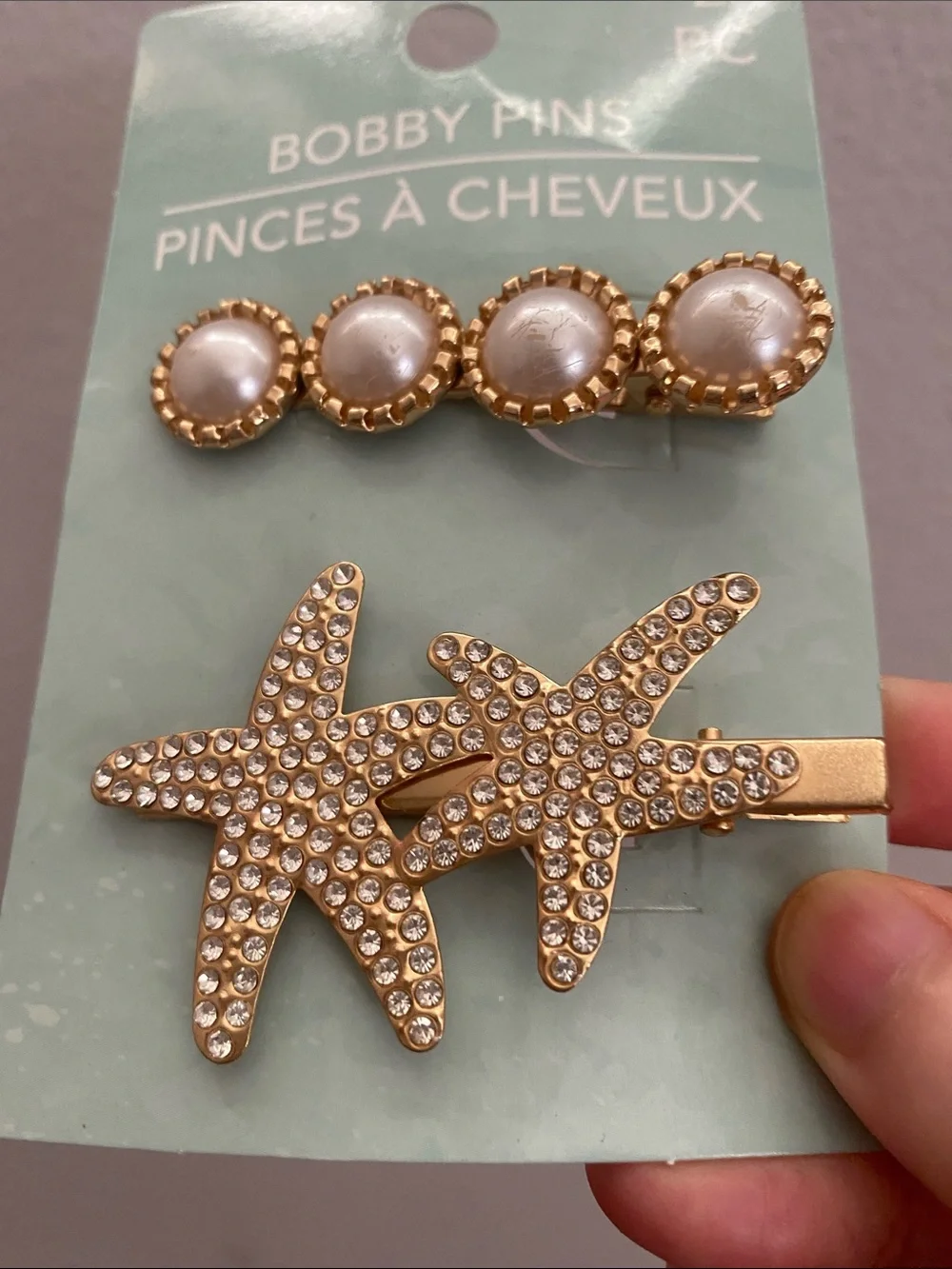 Gold Pearl & Rhinestone Starfish Bobby Pins - Women Hair Accessories